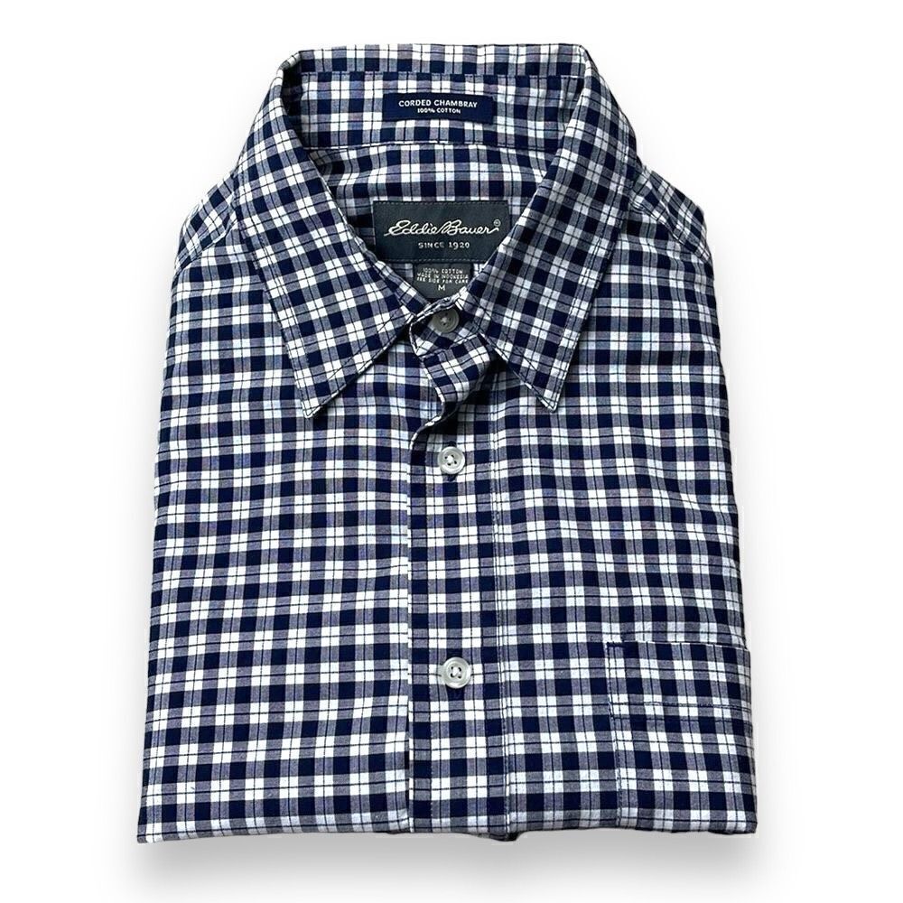 Eddie Bauer Shirt Mens Medium M Black Plaid‎ Chambray Short Sleeve Button Down